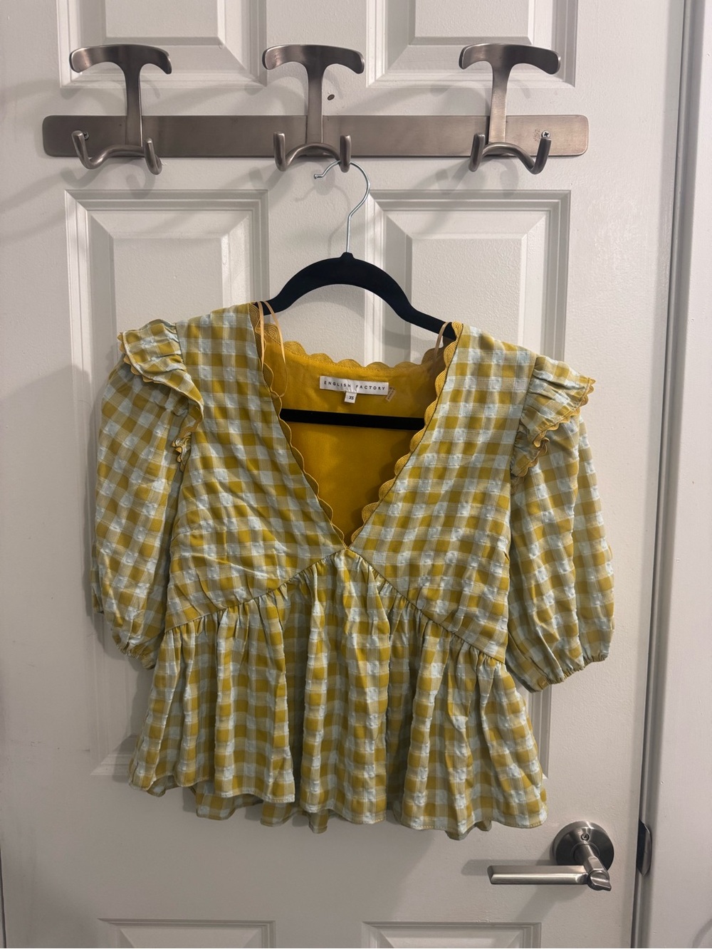 English Factory Yellow Gingham Peplum Top